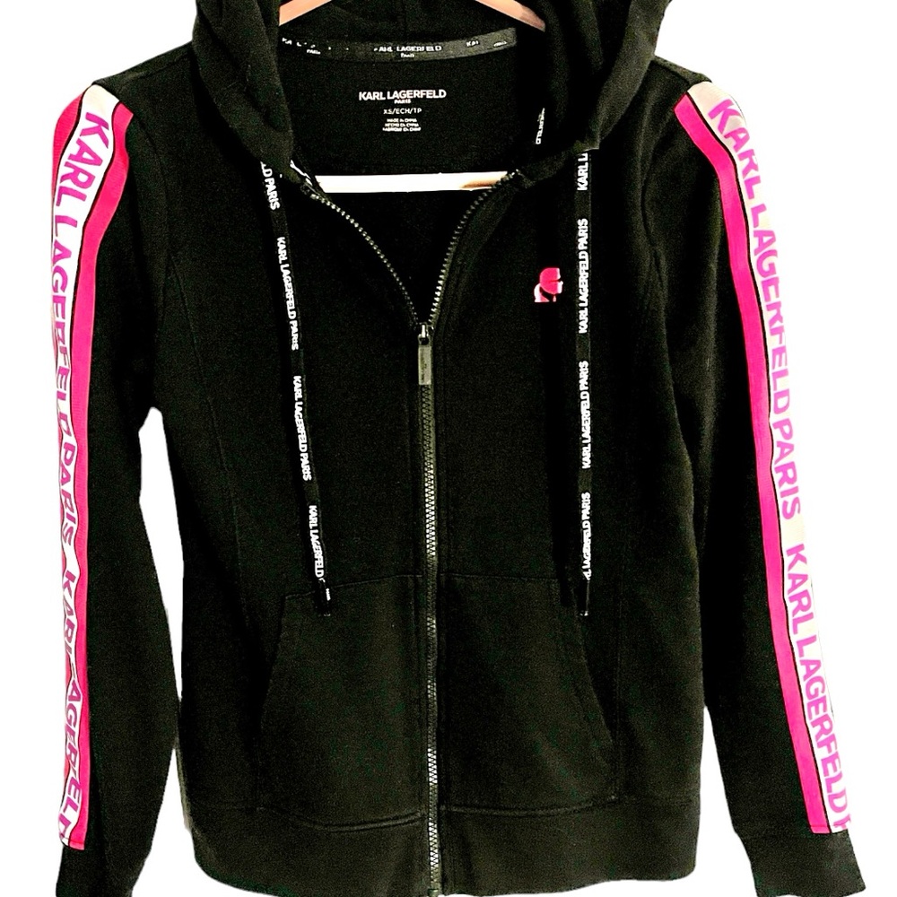NWOT Karl Lagerfeld Hoodie Full Zip, Pockets Black & Pink Sz ladies XS/S - Picture 4 of 10